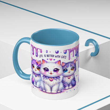 Cute Purple Kawaii Cats Accent Coffee Mug – "Life Is Better With Cats" (11/15 oz)