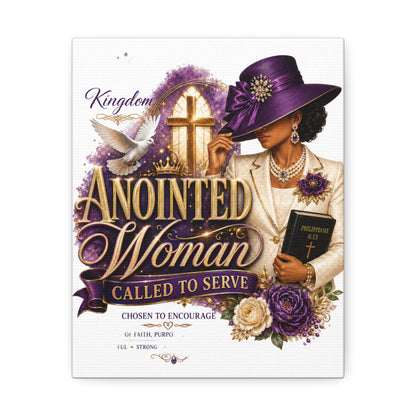 Anointed Woman Stretched Canvas — "Called to Serve" Faith Wall Art (Purple Hat & Bible)