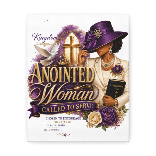 Anointed Woman Stretched Canvas — "Called to Serve" Faith Wall Art (Purple Hat & Bible)