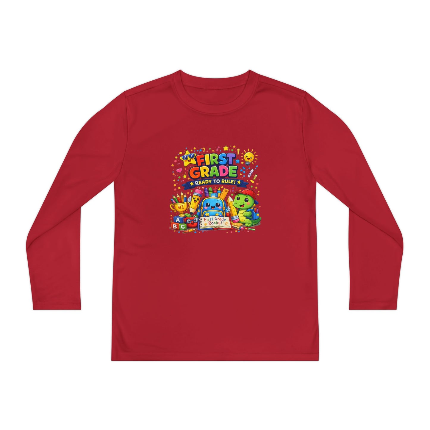 First Grade Ready Youth Long Sleeve Tee — "First Grade Here I Come" Back-to-School Shirt