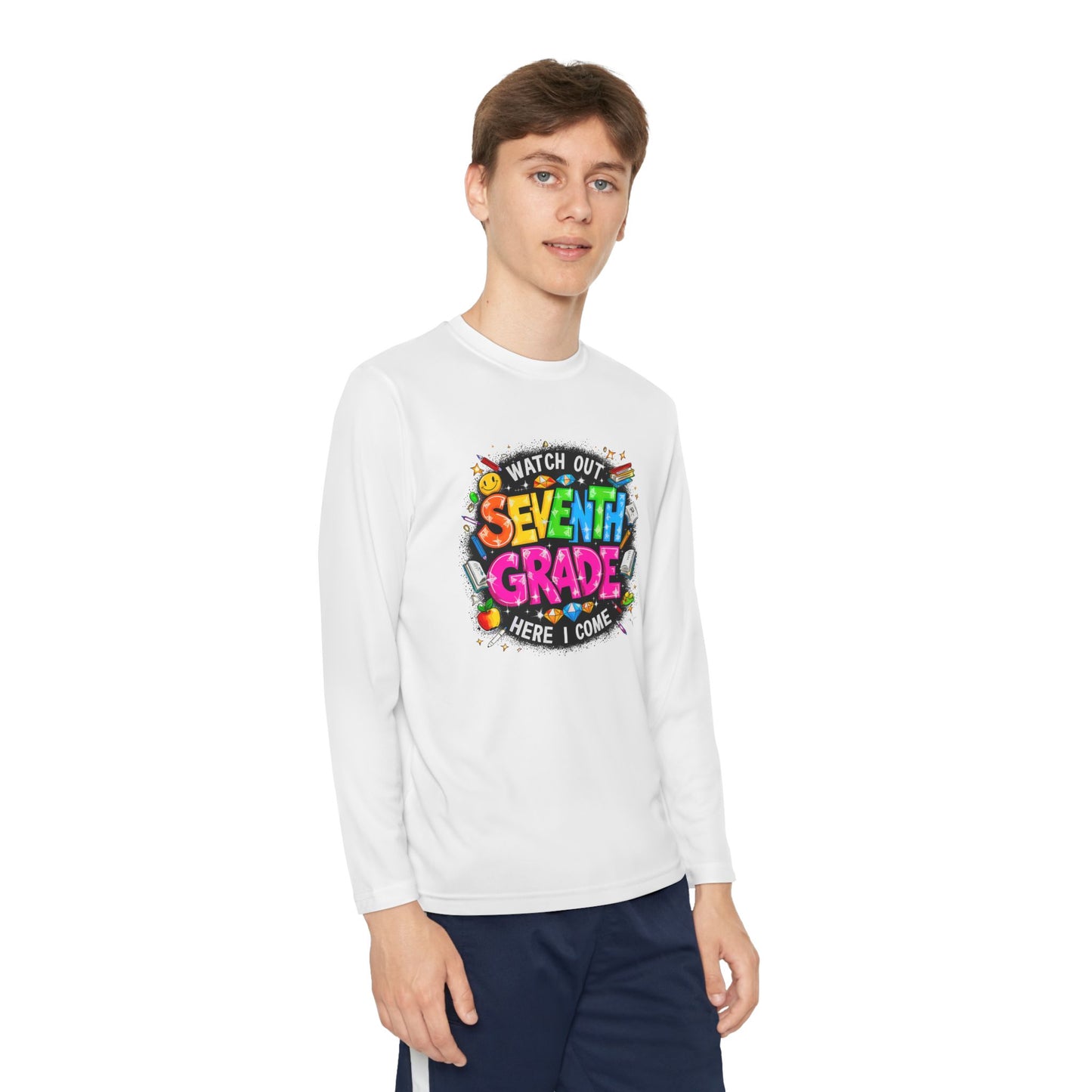 Seventh Grade Youth Long Sleeve Tee — "Watch Out Seventh Grade Here I Come" Back-to-School Shirt