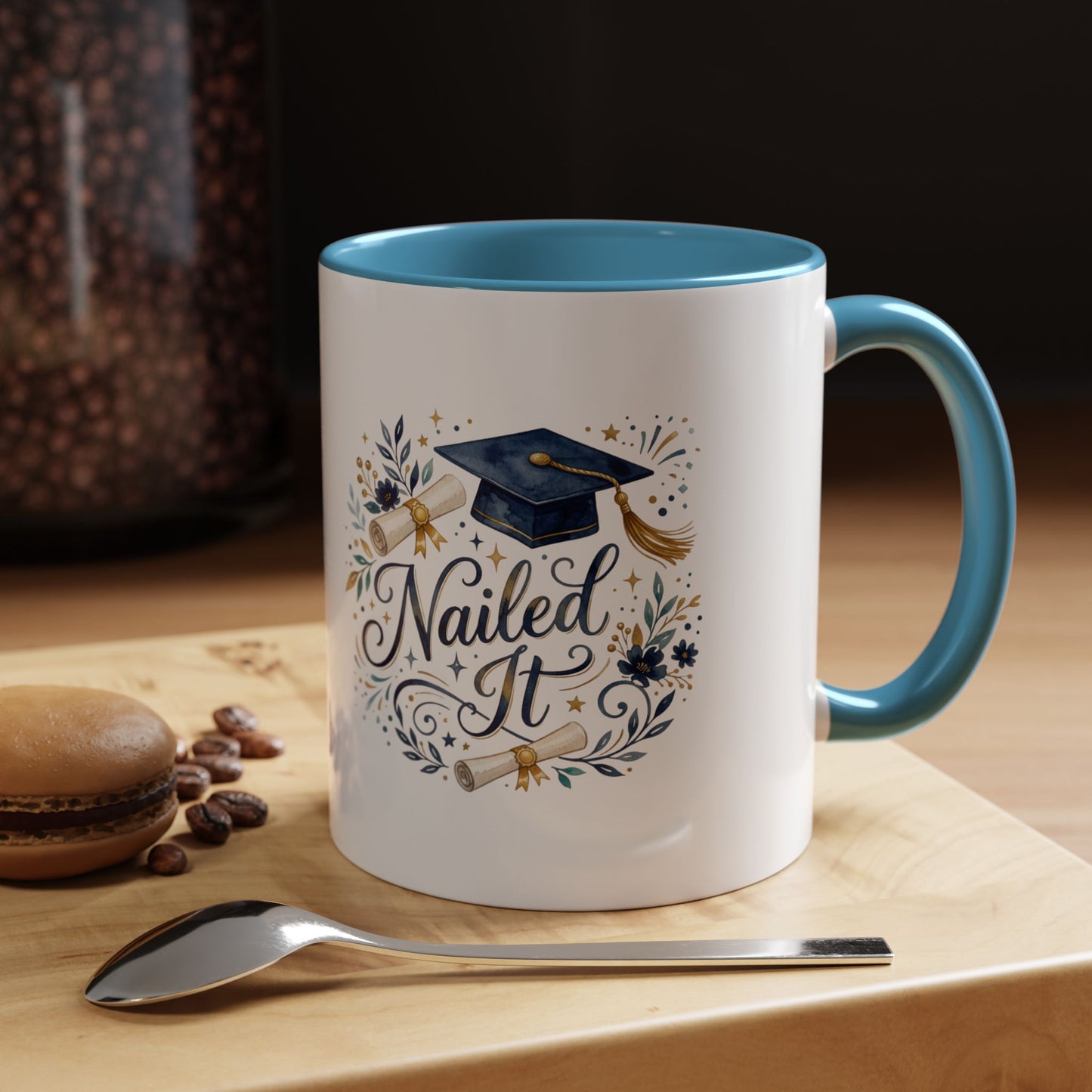 Nailed It Graduation Coffee Mug – Navy Cap & Floral 11/15oz Accent Mug