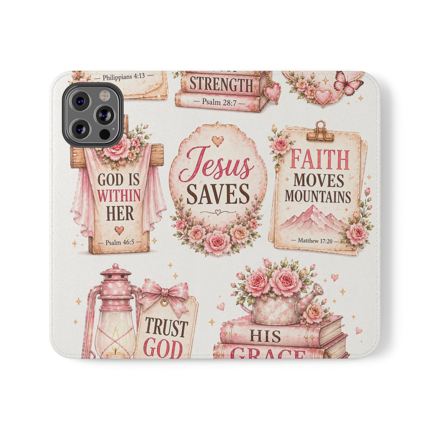Christian Floral Phone Flip Case — "Jesus Saves" & Inspirational Scripture Wallet Cover