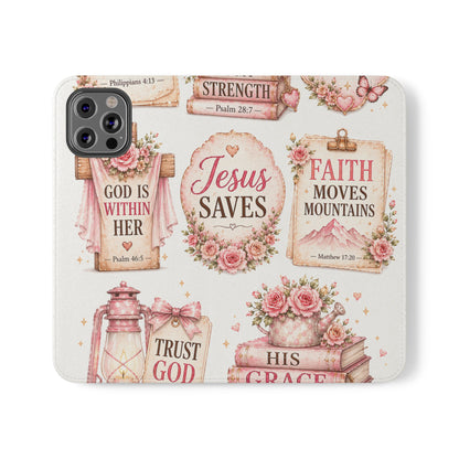 Christian Floral Phone Flip Case — "Jesus Saves" & Inspirational Scripture Wallet Cover