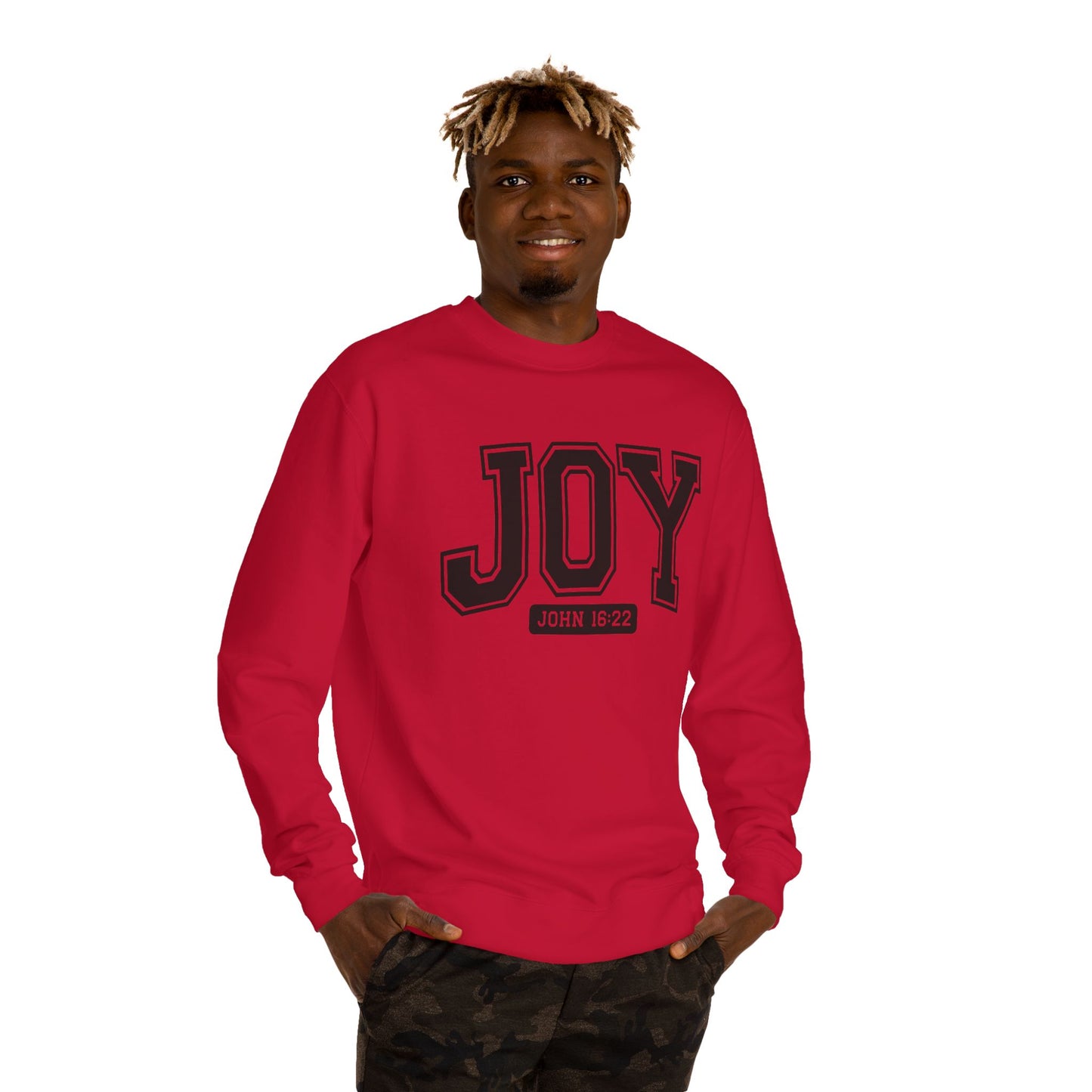 JOY Crewneck Sweatshirt — Bold Collegiate Faith Design (John 16:22)