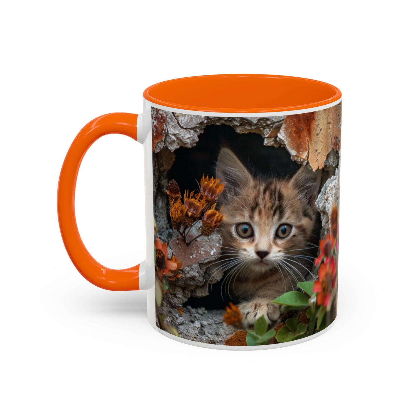 Cute Kitten Peek Accent Coffee Mug — Tabby Cat Floral 11/15oz