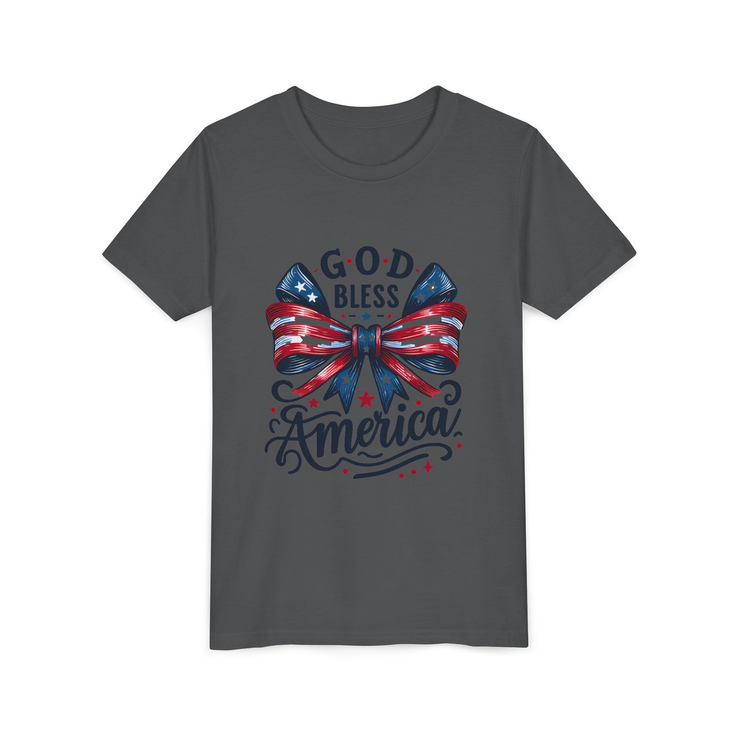 Youth Tee — "God Bless America" Patriotic Bow T-Shirt (4th of July, Memorial Day)