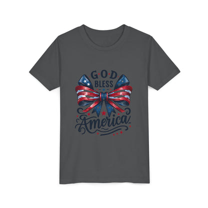 Youth Tee — "God Bless America" Patriotic Bow T-Shirt (4th of July, Memorial Day)