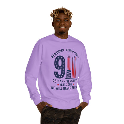 9/11 Remembrance Crewneck Sweatshirt — 25th Anniversary "We Will Never Forget"