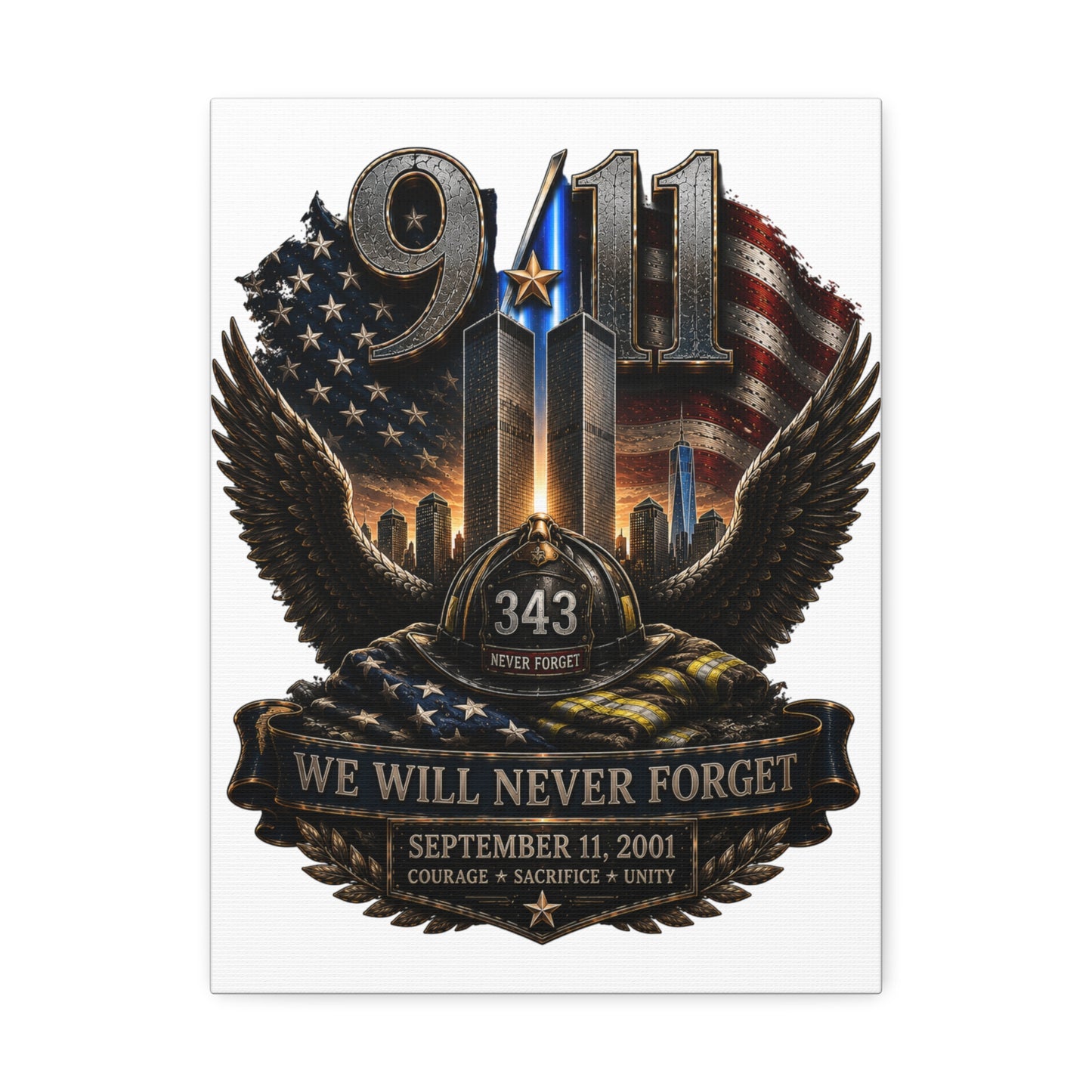 9/11 Memorial Stretched Canvas — "We Will Never Forget" Tribute Art (September 11, 2001)