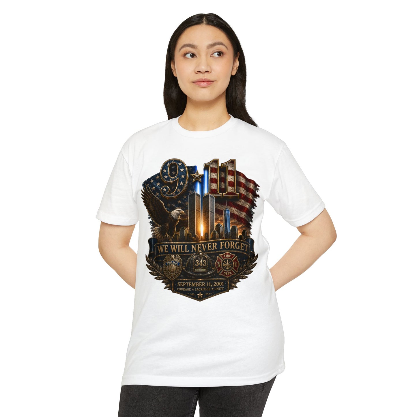 9/11 Memorial T-Shirt — "We Will Never Forget" Patriotic Tribute