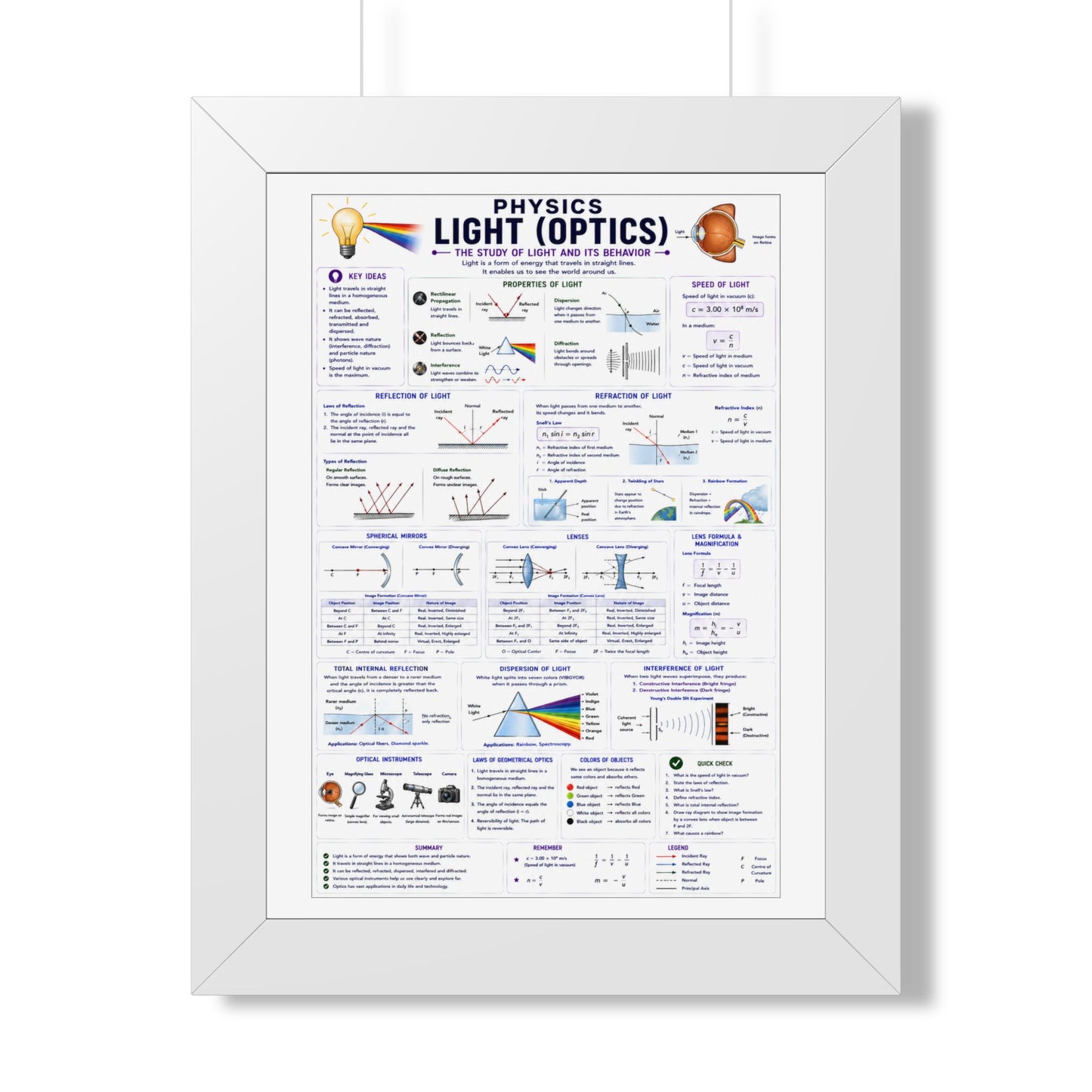 Framed Physics Poster – Light (Optics) Reference Chart