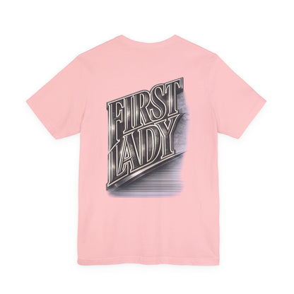 First Lady Graphic Tee — Retro Metallic Script Short Sleeve Shirt