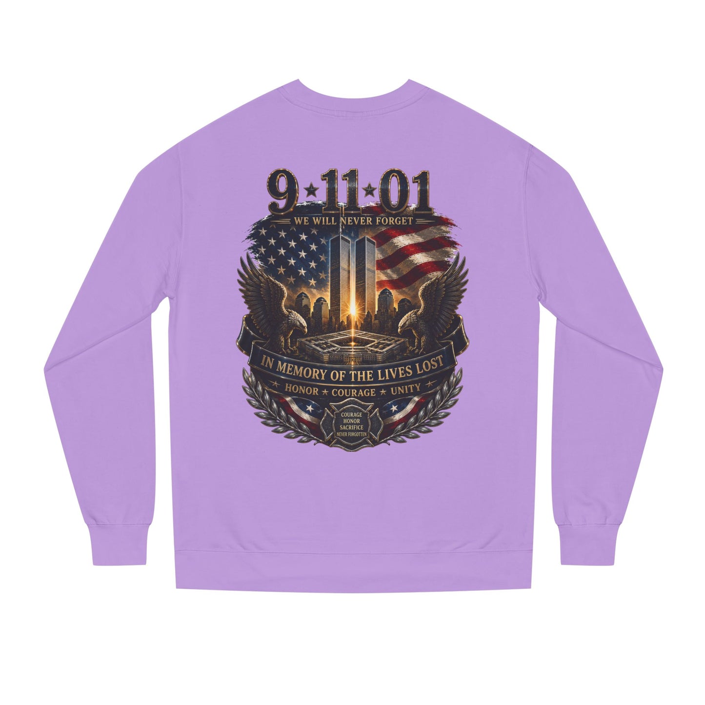 9/11 Memorial Sweatshirt - ‘We Will Never Forget’ Tribute Crewneck with Twin Towers & Flag