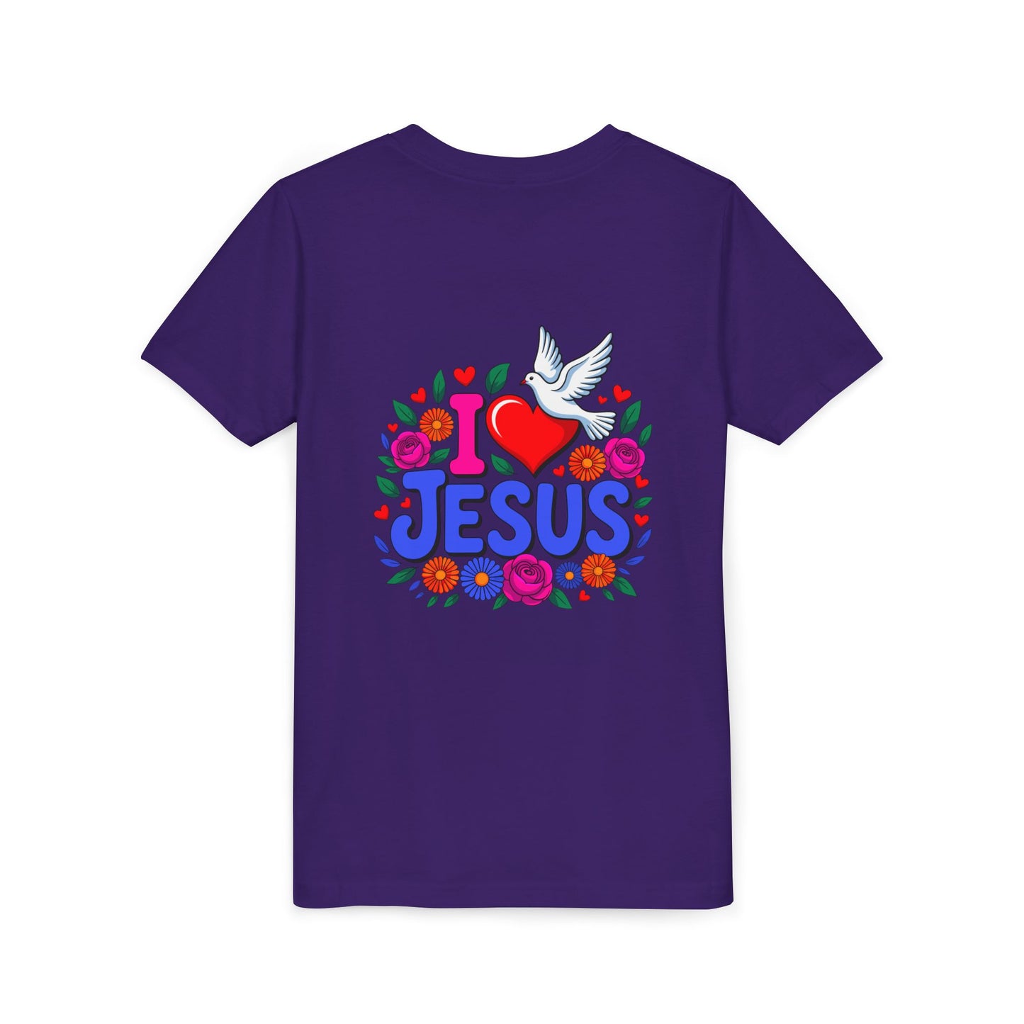 Youth Tee — "I  Jesus" Colorful Dove & Floral Christian Shirt