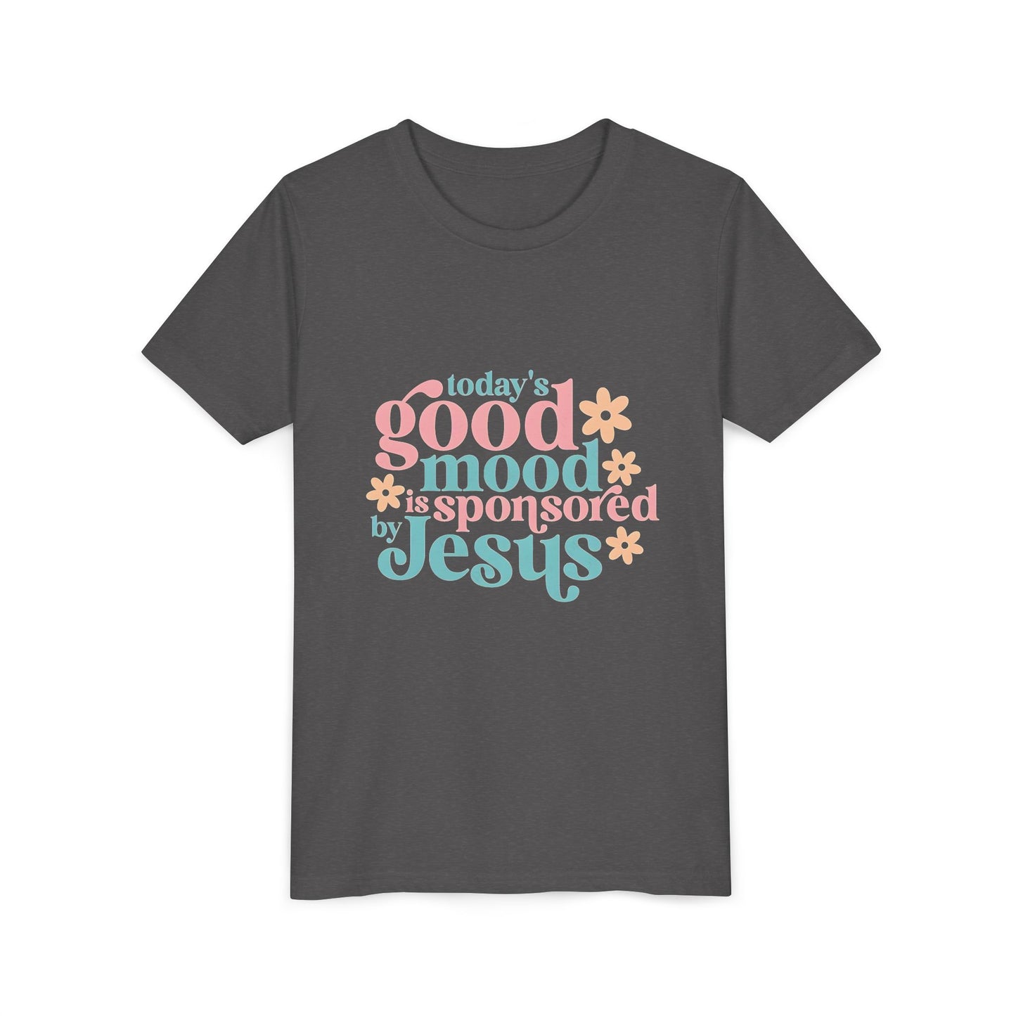 Youth Tee – "Today's Good Mood is Sponsored by Jesus" Retro Floral Christian Shirt