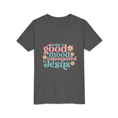 Youth Tee – "Today's Good Mood is Sponsored by Jesus" Retro Floral Christian Shirt