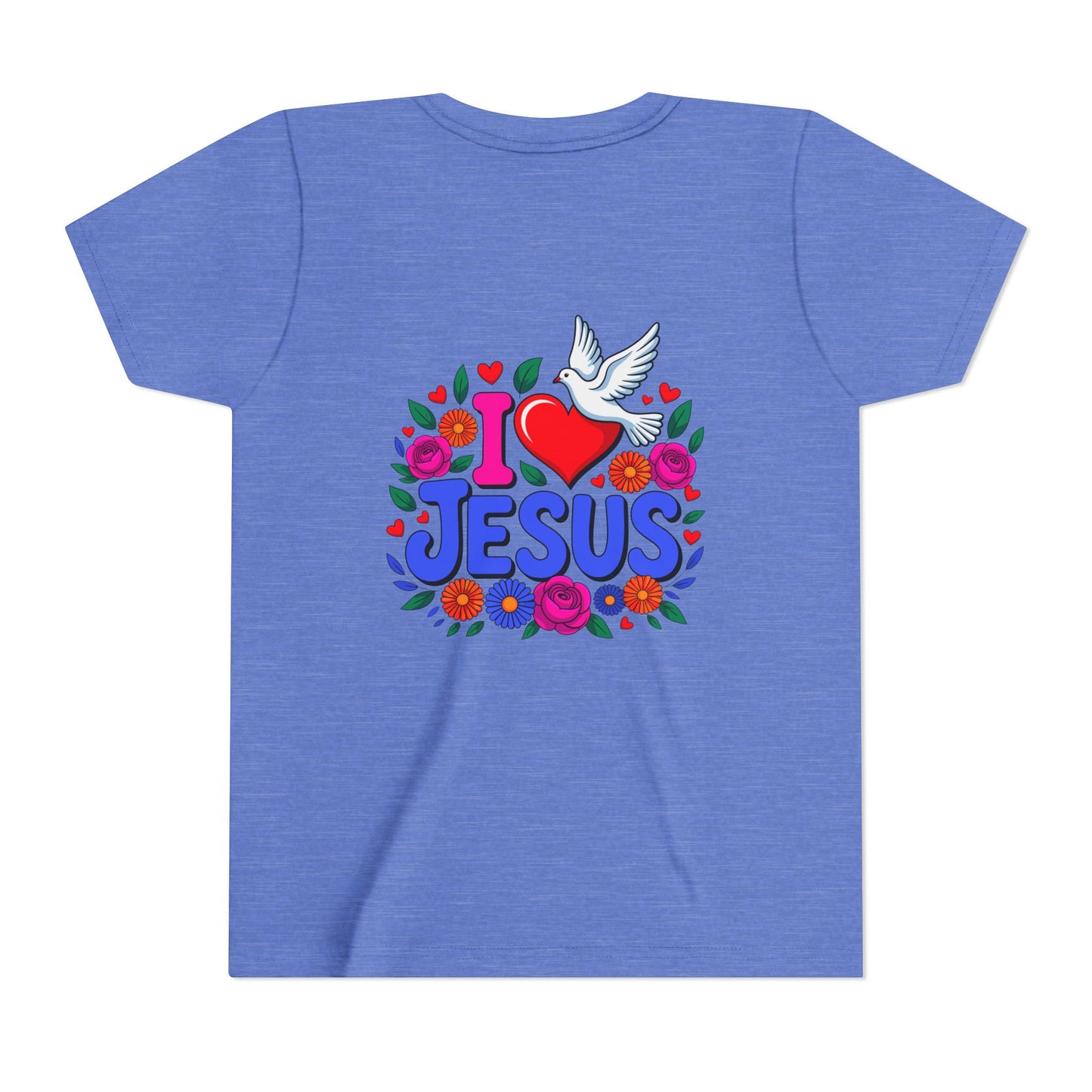 Youth Tee — "I  Jesus" Colorful Dove & Floral Christian Shirt