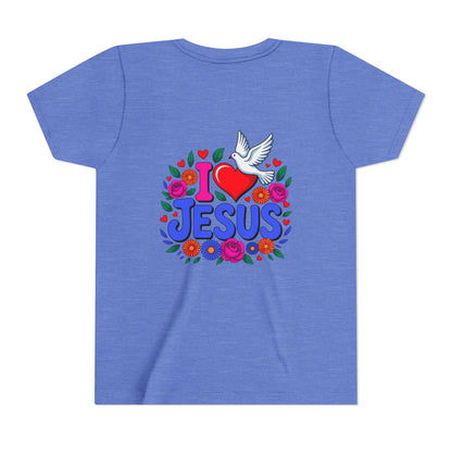 Youth Tee — "I  Jesus" Colorful Dove & Floral Christian Shirt
