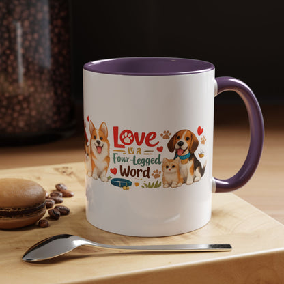 Dog Lover Accent Coffee Mug — “Love is a Four-Legged Word” Ceramic Gift