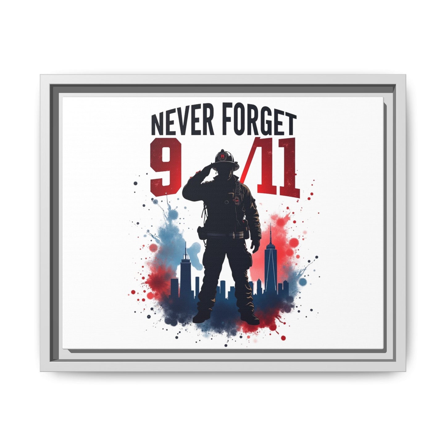 Never Forget 9/11 Framed Canvas Print — Patriotic Firefighter Memorial Art