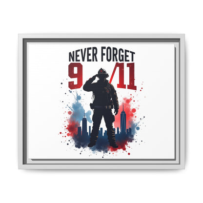 Never Forget 9/11 Framed Canvas Print — Patriotic Firefighter Memorial Art