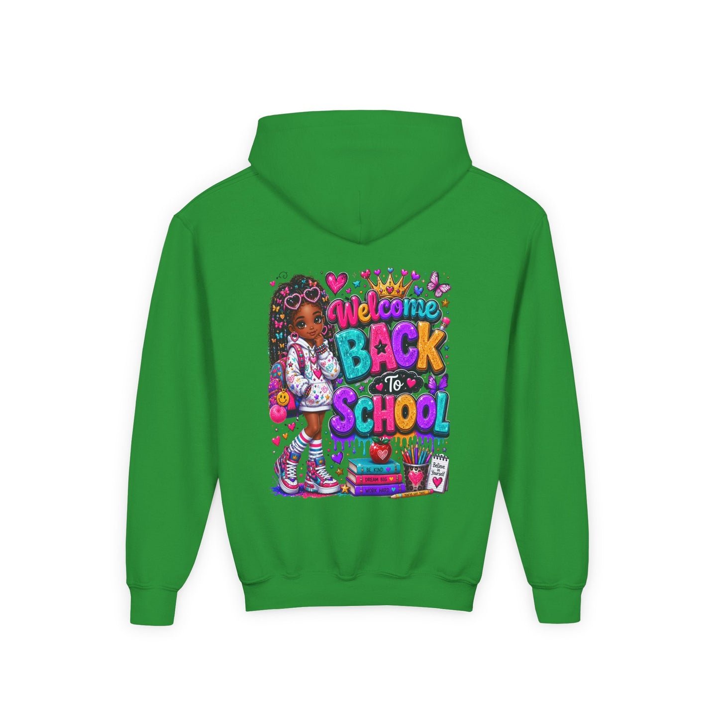 Welcome Back to School Youth Hoodie — Colorful Girl Backpack Design