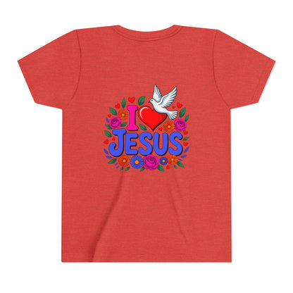Youth Tee — "I  Jesus" Colorful Dove & Floral Christian Shirt