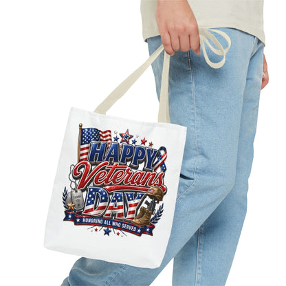 Veterans Day Tote Bag — "Happy Veterans Day" Patriotic All-Over Print