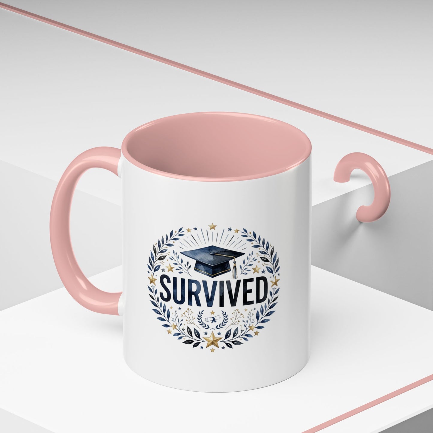 Survived Graduation Coffee Mug — Floral Laurel Grad Cap Accent Mug (11/15oz)