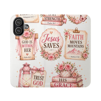 Christian Floral Phone Flip Case — "Jesus Saves" & Inspirational Scripture Wallet Cover