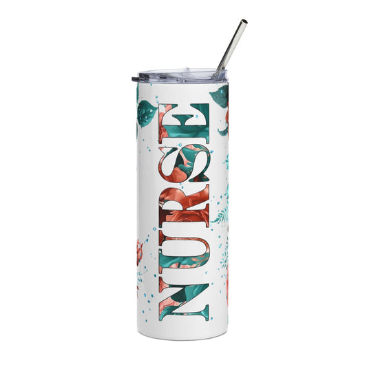 Nursery Floral 20oz Stainless Steel Tumbler — Rose & Teal Vertical Name Design