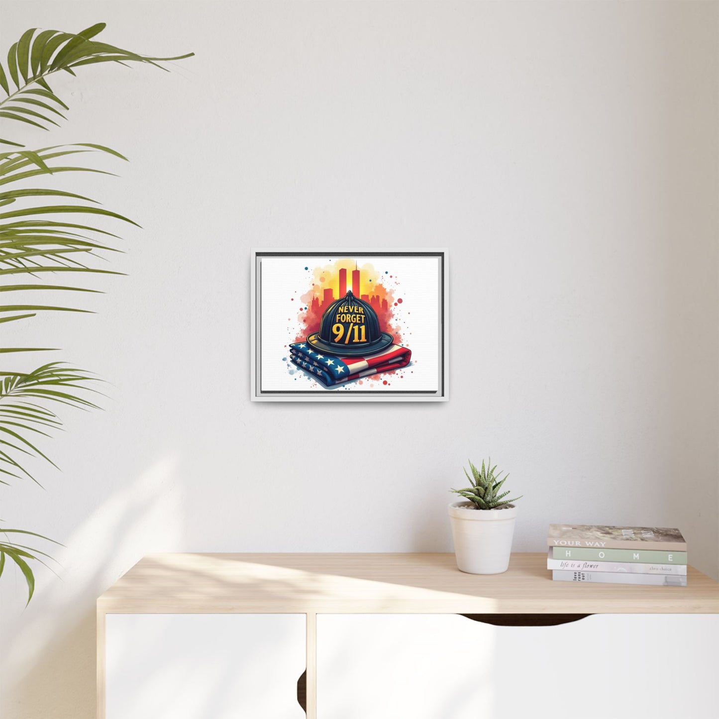 Never Forget 9/11 Framed Canvas Print — Firefighter Helmet & American Flag Memorial Art