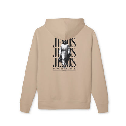 Jesus Portrait Hoodie — "Jesus" Typography Christian Pullover (The Way The Truth The Life)