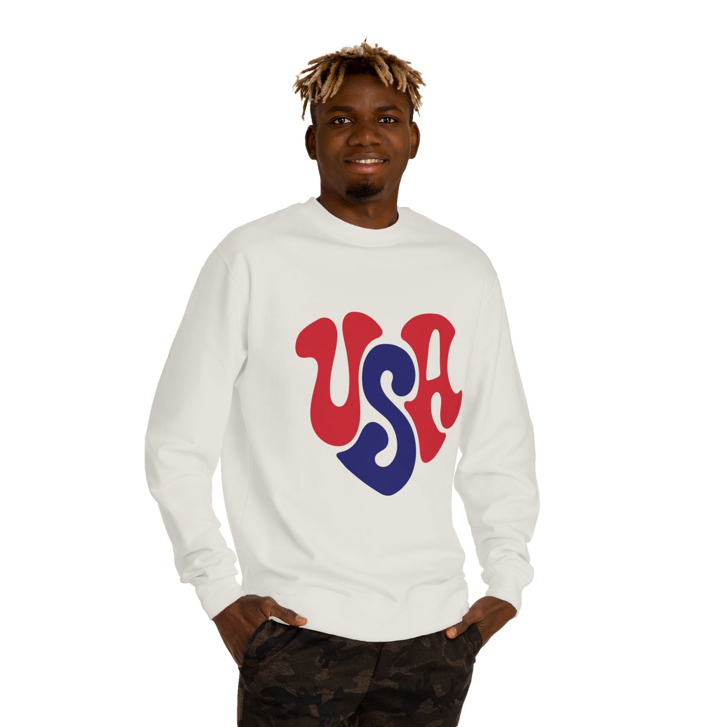USA Heart Crewneck Sweatshirt — Retro Red & Blue Patriotic Pullover