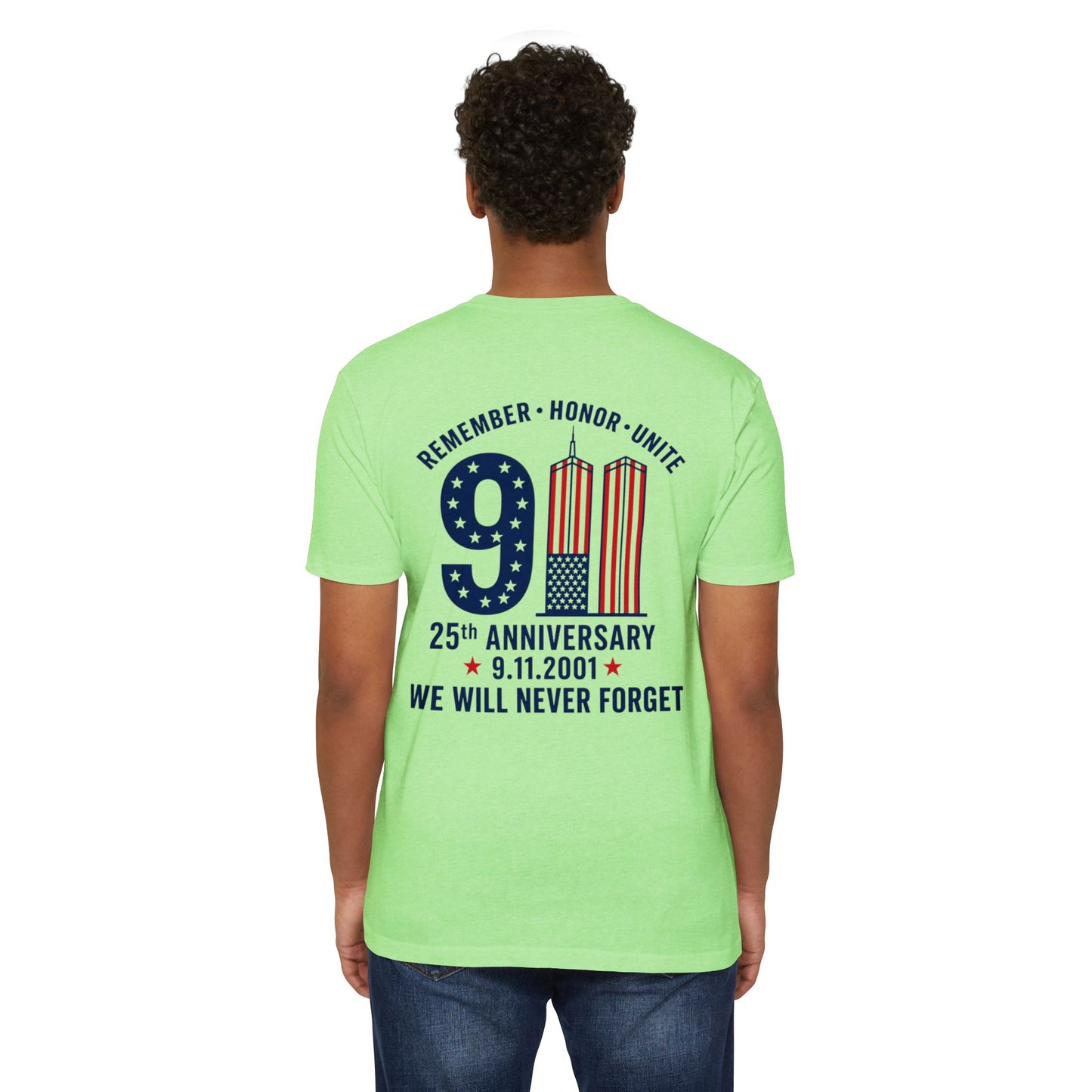 9/11 Memorial T-Shirt – "Remember Honor Unite" 25th Anniversary We Will Never Forget