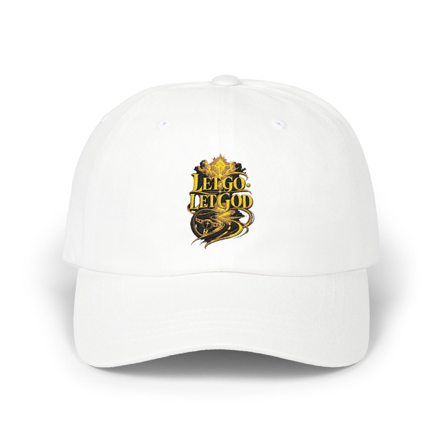 Dad Cap — Retro Gold 'Let Go Let God' Script Embroidery
