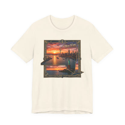 New York Sunset Skyline Tee — Statue of Liberty Vintage Travel T‑Shirt