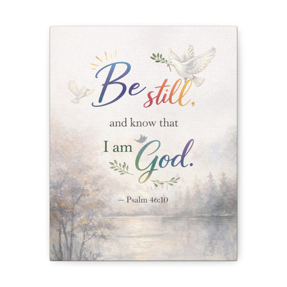 Be Still Psalm 46:10 Stretched Canvas Wall Art — Inspirational Christian Decor with Dove and Tranquil Landscape