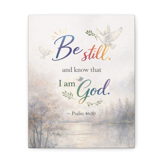 Be Still Psalm 46:10 Stretched Canvas Wall Art — Inspirational Christian Decor with Dove and Tranquil Landscape