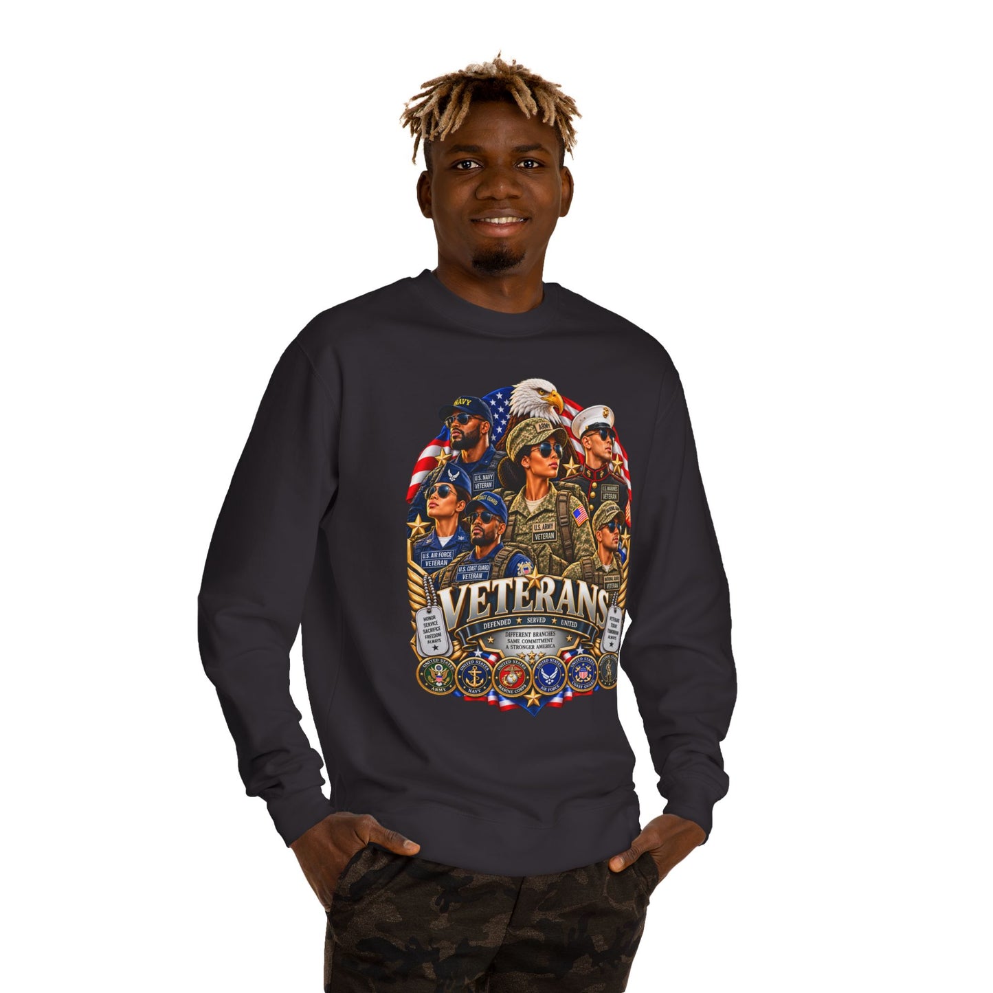 Veterans Tribute Sweatshirt — Patriotic Military Emblems & Eagle Crewneck