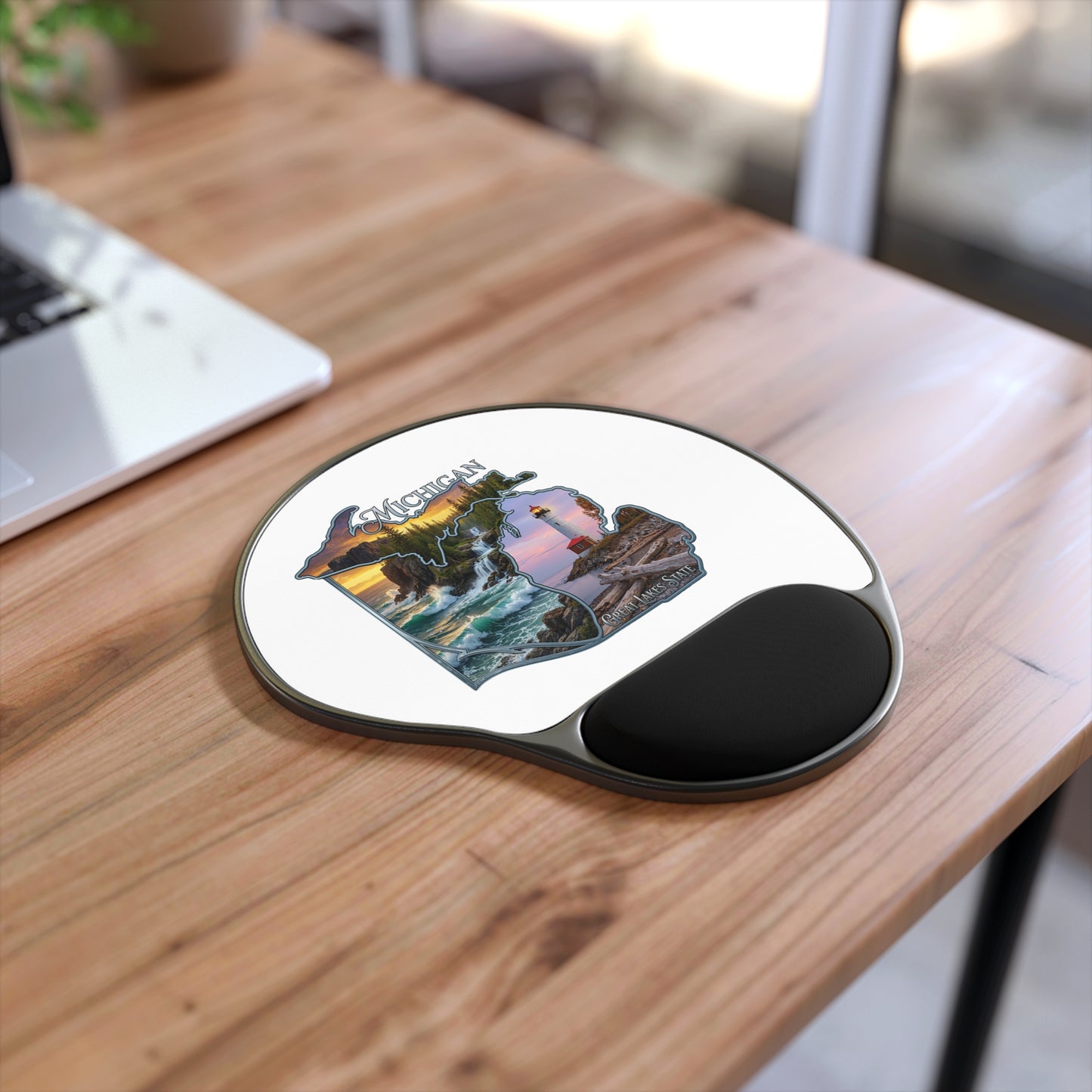 Michigan Lakeshore Mouse Pad with Wrist Rest — Great Lakes Lighthouse Design