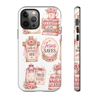 Christian Phone Case — Jesus Saves Floral Tough Case with 'God Is Within Her' & 'Trust God' Design