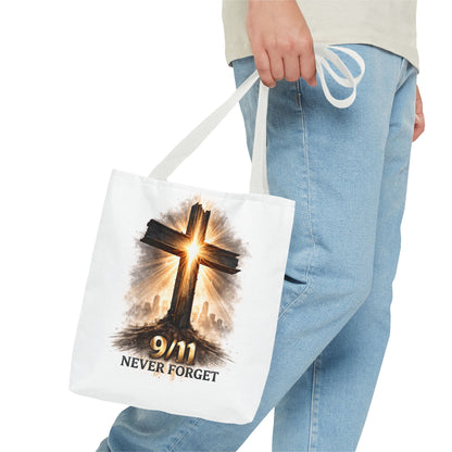 9/11 Never Forget Cross Memorial Tote Bag — Patriotic Remembrance Shopper