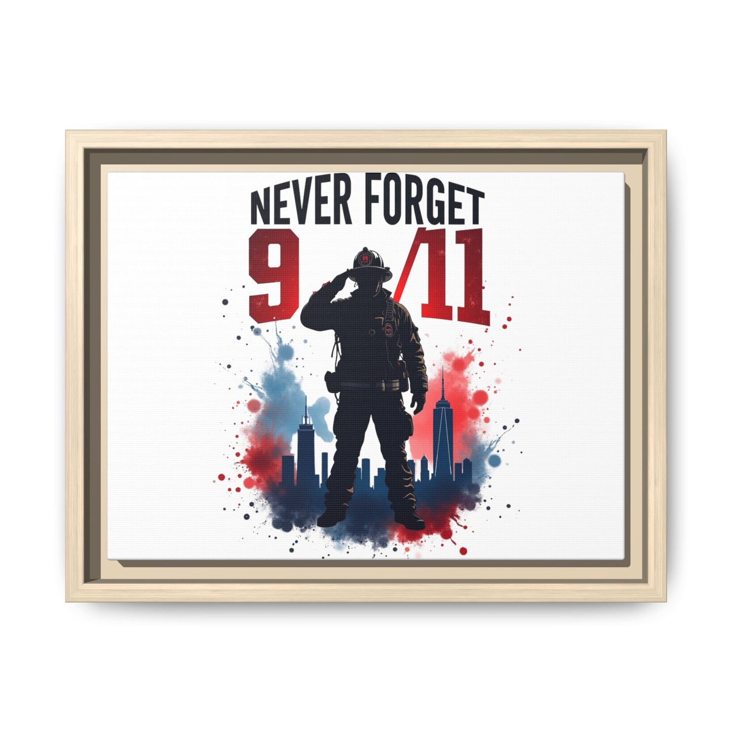 Never Forget 9/11 Framed Canvas Print — Patriotic Firefighter Memorial Art