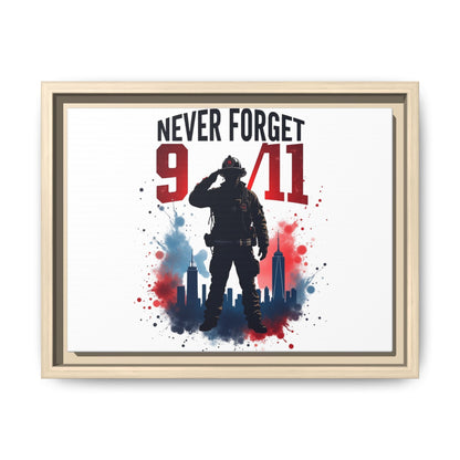 Never Forget 9/11 Framed Canvas Print — Patriotic Firefighter Memorial Art