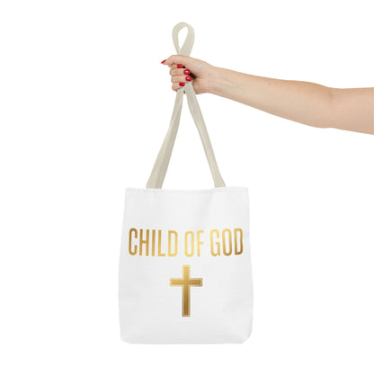 Child of God Tote Bag — Gold Cross Religious Canvas Tote