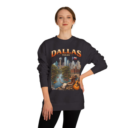 Dallas Skyline Crewneck Sweatshirt — Texas Cityscape & Acoustic Guitar Design