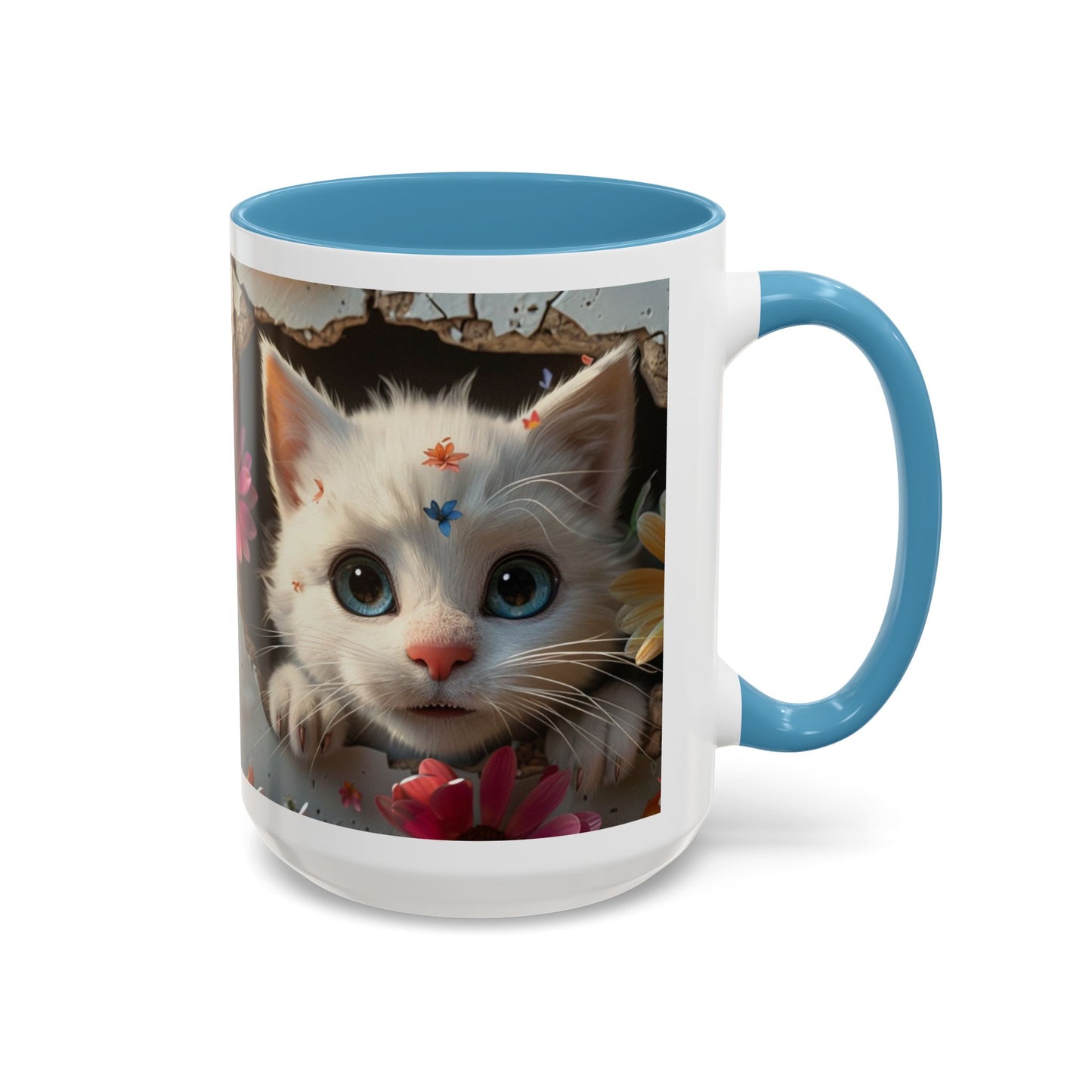 Cute White Kitten Coffee Mug – Floral Accent 11/15oz