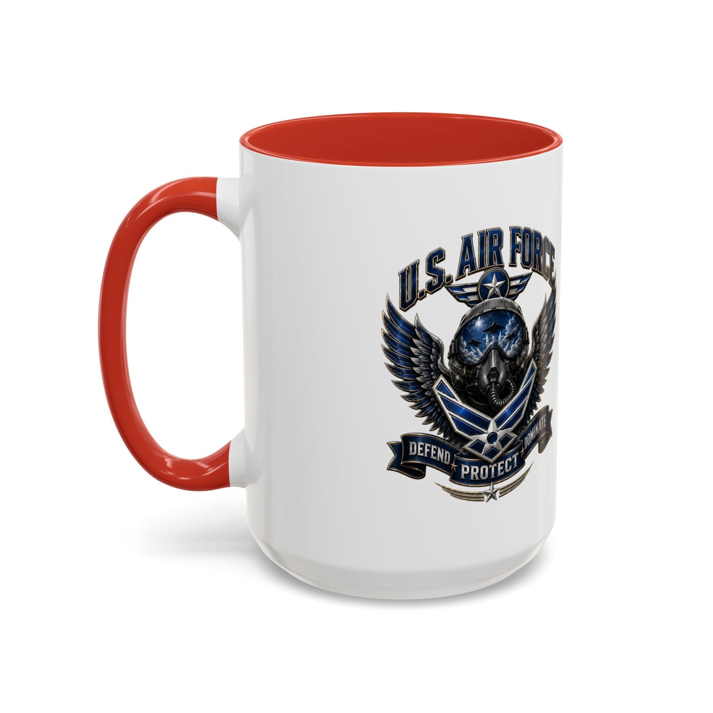 U.S. Air Force Emblem Accent Coffee Mug — Defend Protect Dominate (11/15oz)